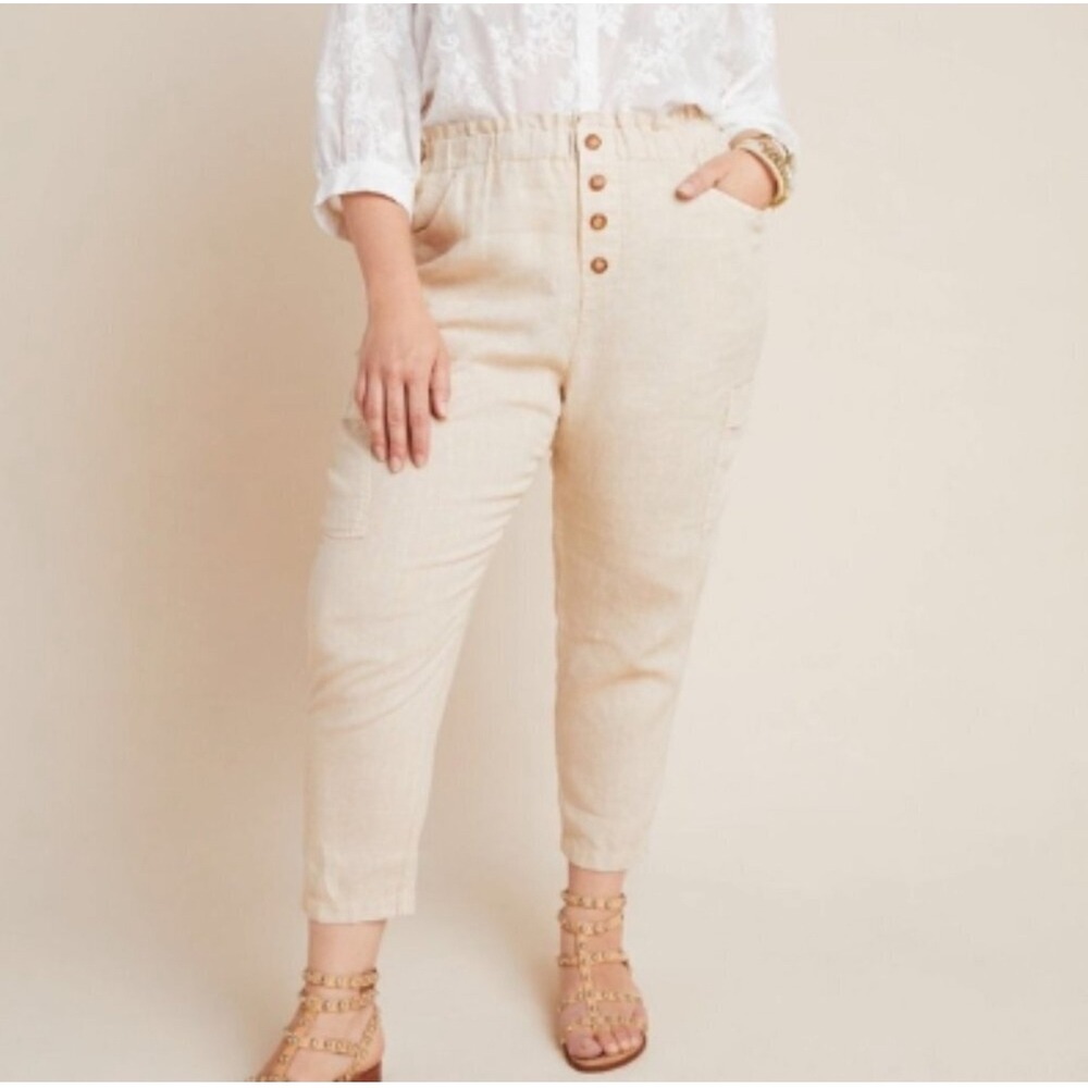 AMADI‎ Anthropoligie 100% Linen Paperbag Wide Leg Cargo Pants Tan Size L